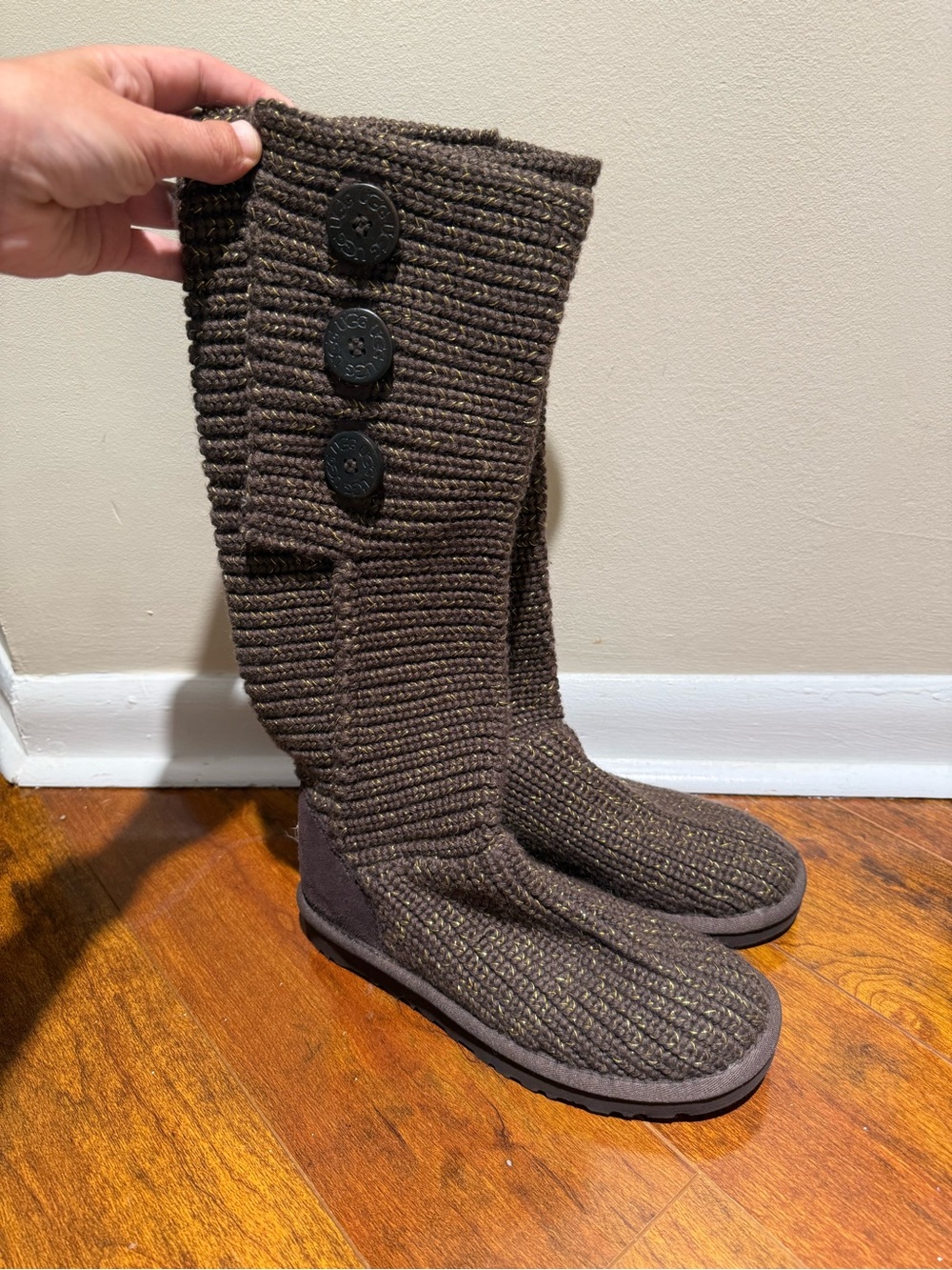 UGG Australia Lattice Cardy Boots Brown Gold Metallic Knit Tall Button Size 6